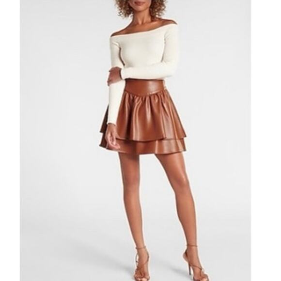 Express Dresses & Skirts - Express Women’s Brown Vegan Leather Tiered Mini Skirt Size Medium